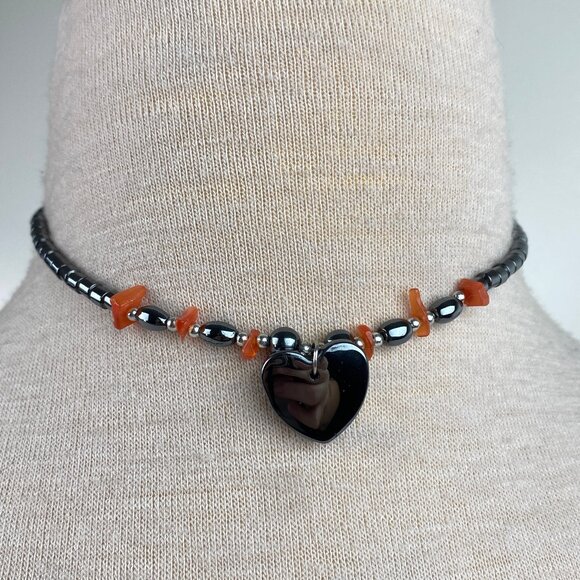 Hematite Heart Pendant & Bead Necklace Carnelian Crystal Chip Bead 15" - Picture 1 of 6